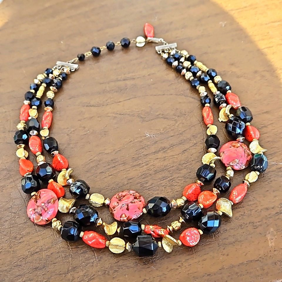 Vintage Hattie Carnegie 3-Strand Orange Art Glass Necklace